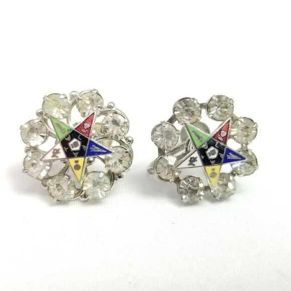 Vintage Masonic Eastern Star Rhinestone Enamel Clip On Earrings, Estate - Picture 6 of 6